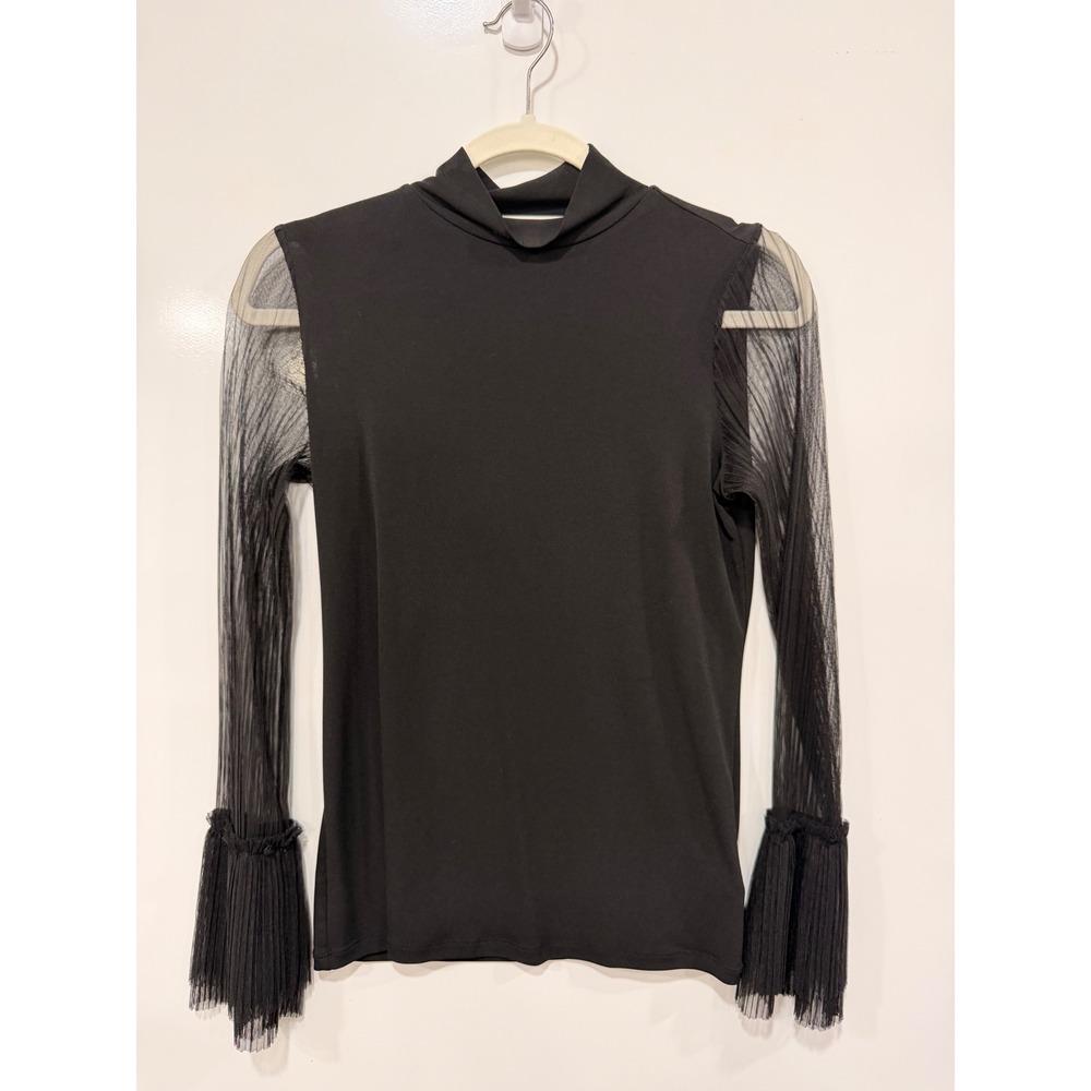 Thalia Sodi Womens Mock Neck Top Black Sheer Pleated Mesh Bell Sleeve XS